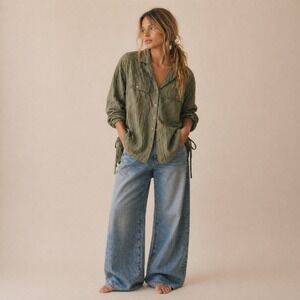 Free People Oversized Quilted Button Down Shirt Green XS NWT